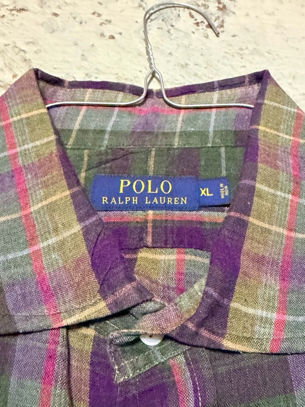 100% Linen Polo by Ralph Lauren Olive and Purple Plaid Button-Down Shirt